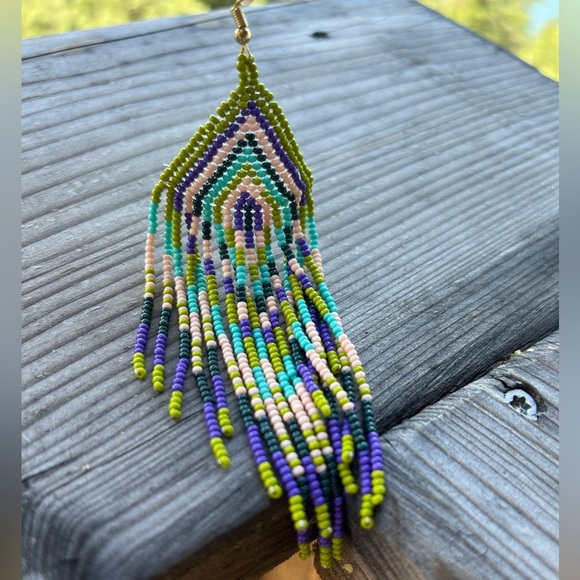 Gorgeous 💋Gold Beaded tassel boho western tribal earrings jewelry purple…New - Picture 3 of 7